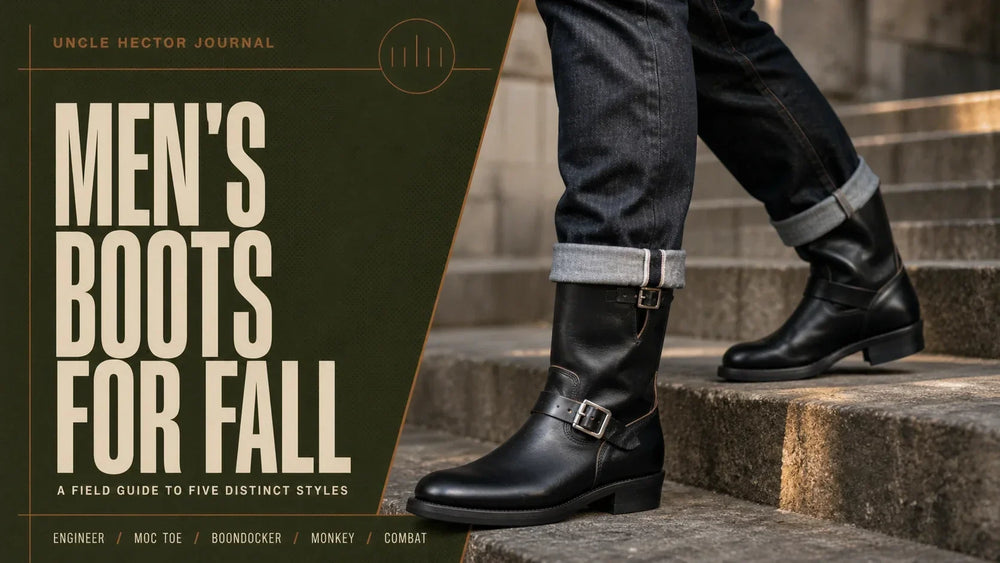 Men's Boots for Fall editorial cover showing black engineer boots worn with cuffed dark denim beside the article title.