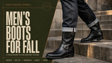 Men's Boots for Fall editorial cover showing black engineer boots worn with cuffed dark denim beside the article title.