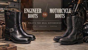 Black Engineer Boots compared with technical Motorcycle Boots in an industrial workshop setting.