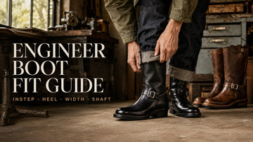 Man pulling on black engineer boots in a heritage workshop, illustrating engineer boot fit at the instep, heel, width and shaft.