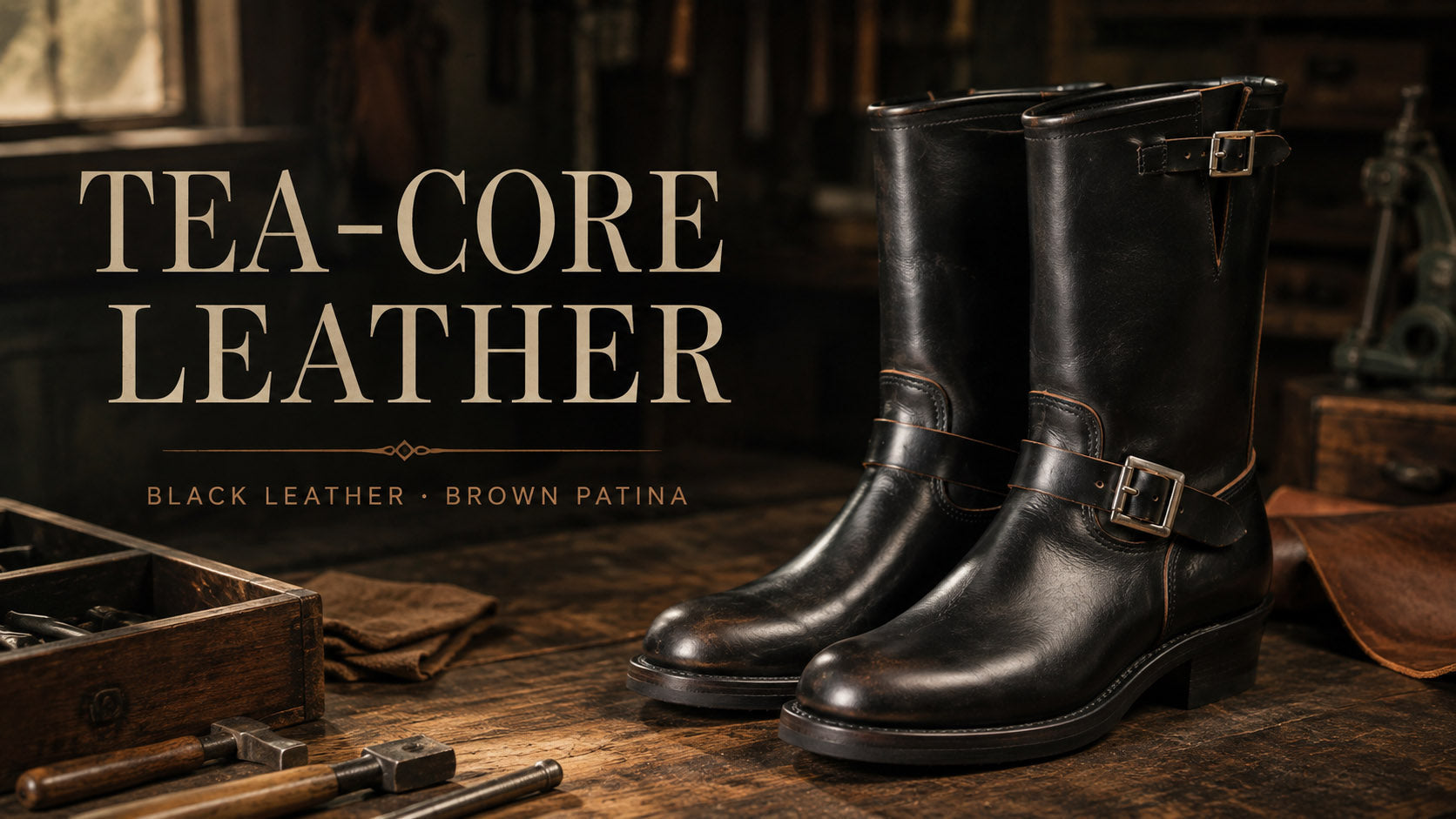 Black Tea-Core engineer boots in a warm workshop, showing brown patina emerging along worn edges and creases.
