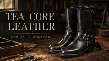 Black Tea-Core engineer boots in a warm workshop, showing brown patina emerging along worn edges and creases.