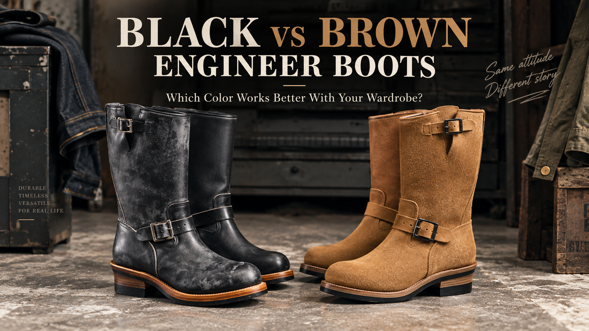 Black vs brown Engineer Boots shown side by side in a heritage workshop setting