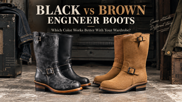 Black vs brown Engineer Boots shown side by side in a heritage workshop setting