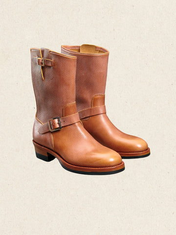 Brown Textured Leather Engineer Boots | Hand-Embossed