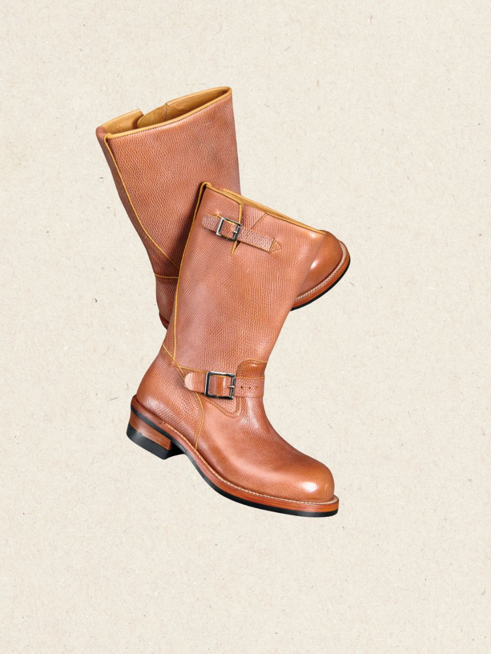 Pair of chunky engineer boots in hand-embossed cowhide with a 29 cm shaft and 5 cm heel