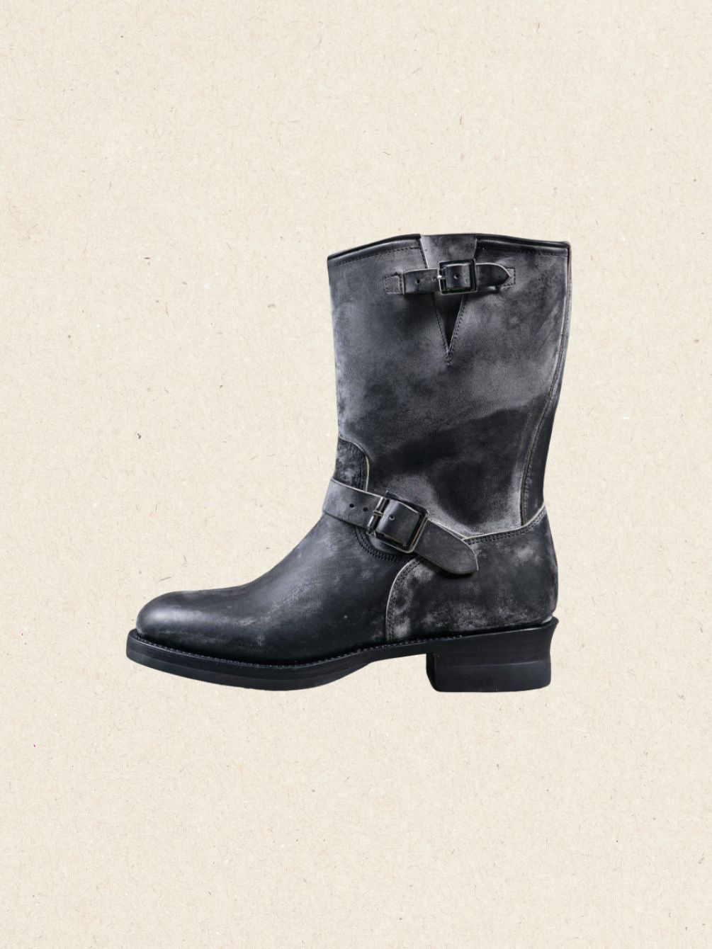 Pair of made-to-order engineer boots in waxed French calfskin with a low 3.5 cm heel