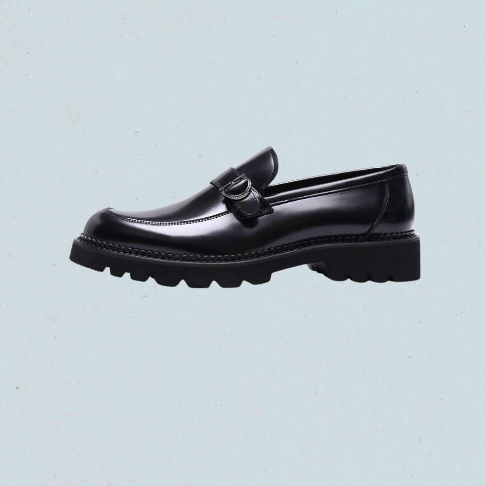 black leather slip on loafers