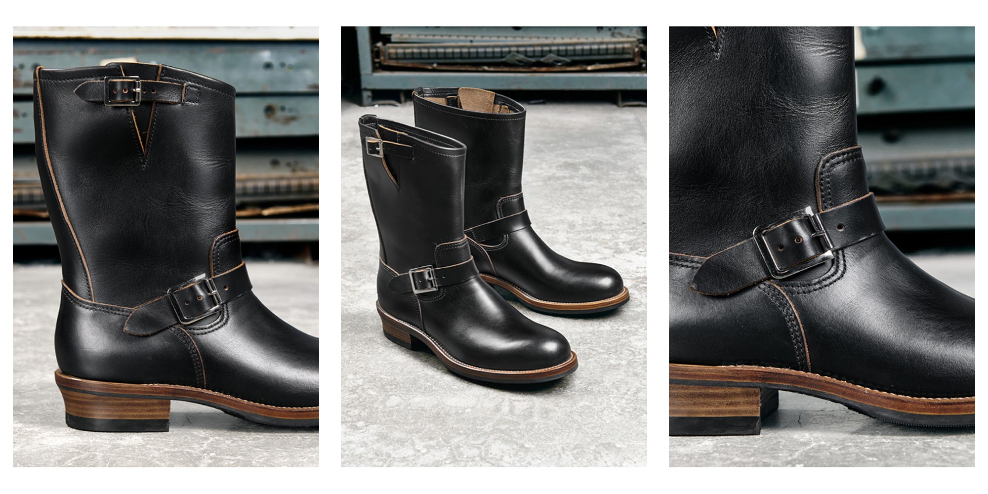 Black Engineer Boots | Buckle-Strap, Vibram Sole | Black Leather Moto