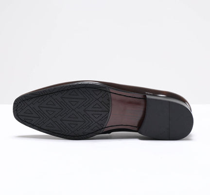 Composite rubber outsole and heel detail of formal square toe bit loafers