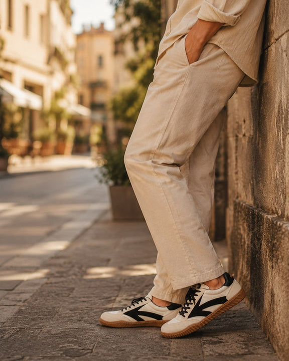 Hector Maden retro sneakers styled with a light neutral outfit