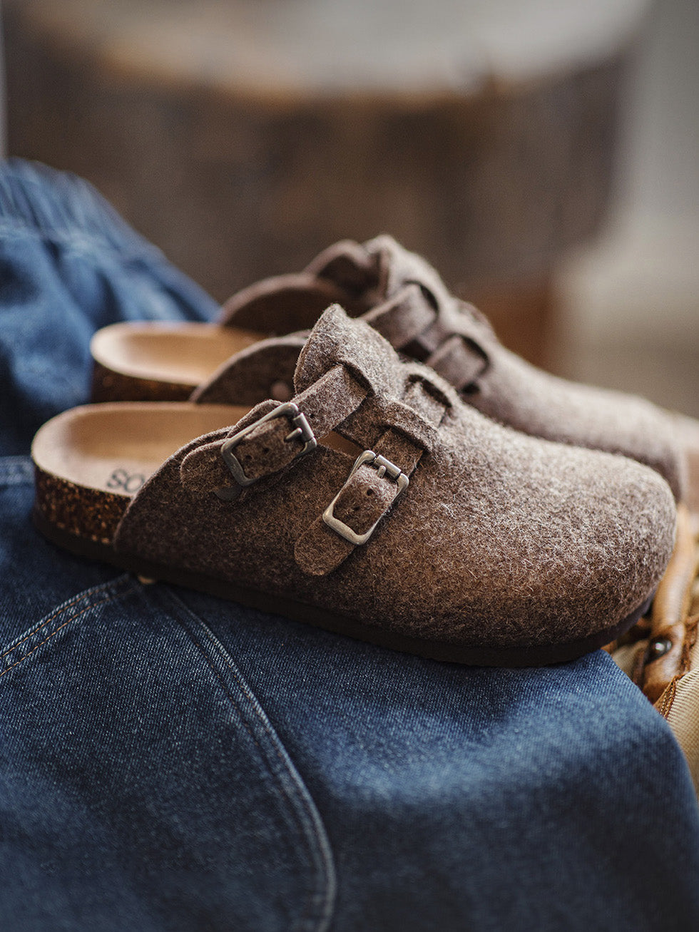 slip on mules with wool felt upper and double buckle